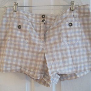 NEW YORK AND COMPANY TAN, IVORY AND LIGHT BLUE PLAID SHORTS 16